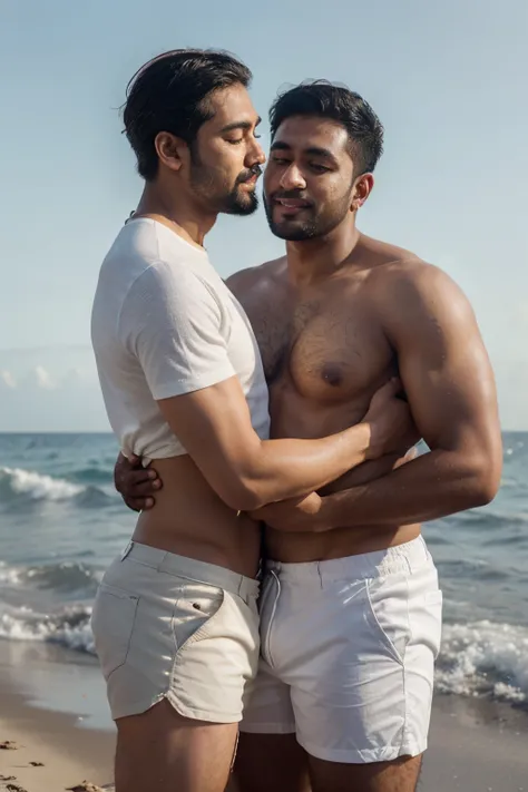 Many couples come to White Party Sea Art ai use Prompt: A Korean white-skin man is hugging an Indian dark-skin hairy man. They are old, obese, grey hair, hairy body, facial hair. Both men are shirtless, wearing white shorts, standing behind the ocean. Real...