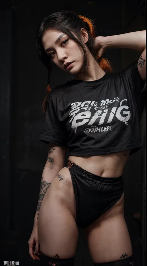 👭, 2korean girl, pale_skin, random color hair, double ponytails, (black smoky eyes:1.2), black eyes liner, black lips, punk rock girl, random tattoo, (oversized orange shirt, bottomless), random basic pose, against random epic background, cinematic lightni...