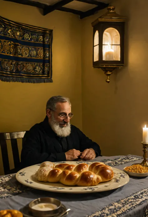 Jewish man sitting A warm and inviting setting, com mesa posta para o jantar de Shabat. The challah, freshly baked and golden, fica no centro, ladeada por duas velas bruxuleantes. Ao fundo, a bandeira de Israel pende orgulhosamente, while the Torah rests o...