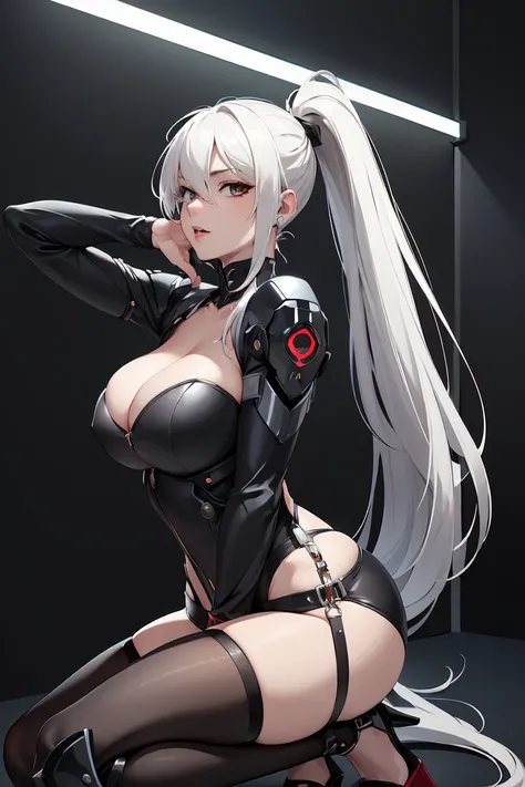 (Best quality,Unbeatable masterpiece:1.4),Ultra-detailed CG 4K,Black metal mech，high ponytails，Metal heels，Metal heels，Huge cleavage，Nipple presentation，Long white hair，AS-Adult，hair covering one eye