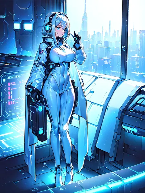 ​masterpiece:1.4, 1girl in ((20yr old, Wearing a futuristic white and silver costume, Tight Fit Bodysuit, long boots, Very gigantic-breasts, Multicolored blonde hair, a short bob, Perfect model body, Blue eyes:1.4, Wearing headphones, Flirting, Looking out...