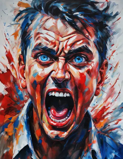 (a man with a red face and big blue eyes, open-mouthed screaming),oil painting,expressive brushstrokes,wild abstract background,...