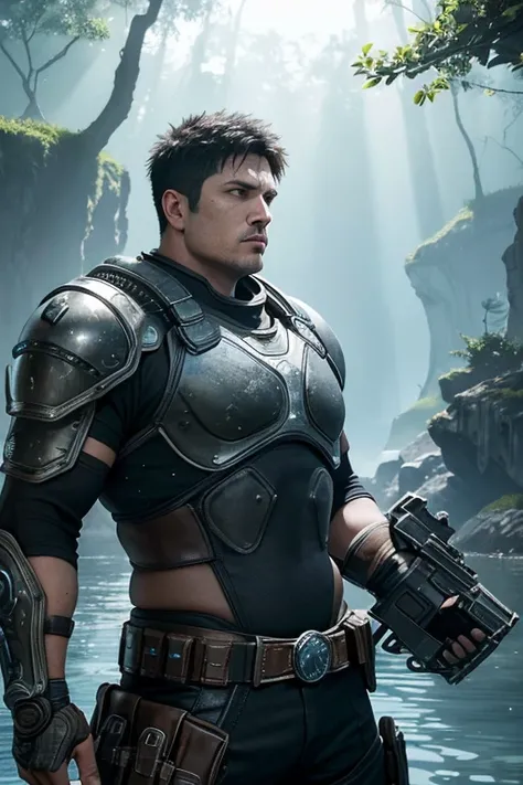 Produce a high-resolution digital image that depicts Gears of War character Marcus in a crystal-clear water environment. Marcus deve ser retratado em detalhes realistas, wearing his iconic armor and holding his distinctive weapon, a Lancer. The scenery sho...