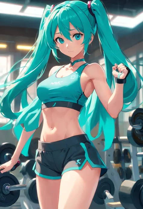 Hatsune Miku, wearing a sportswear, trains intensively in a bodybuilding gym, buff, looking a viewer, weights, musculature , workout, Thigh muscles, muscle arm, big_boob+++