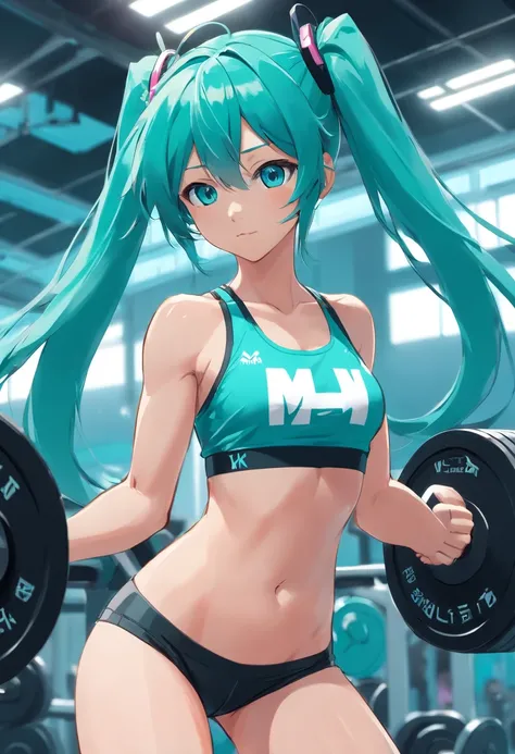 Hatsune Miku, wearing a sportswear, trains intensively in a bodybuilding gym, buff, looking a viewer, weights, musculature , workout, Thigh muscles, muscle arm, big_boob+++