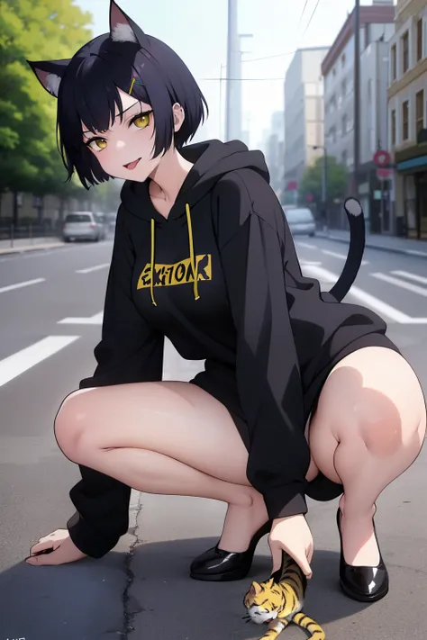 Cute girl, dark green hair, yellow eyes, short hair, cat ears, cat tail, cat collar, sexy ,beautiful eyes,Combat stance,cat,meow, full body,Draw hands better, Green hoodie, dark green hair, beautiful smile, Green hair, draw the hand well, Lifting her ass, ...