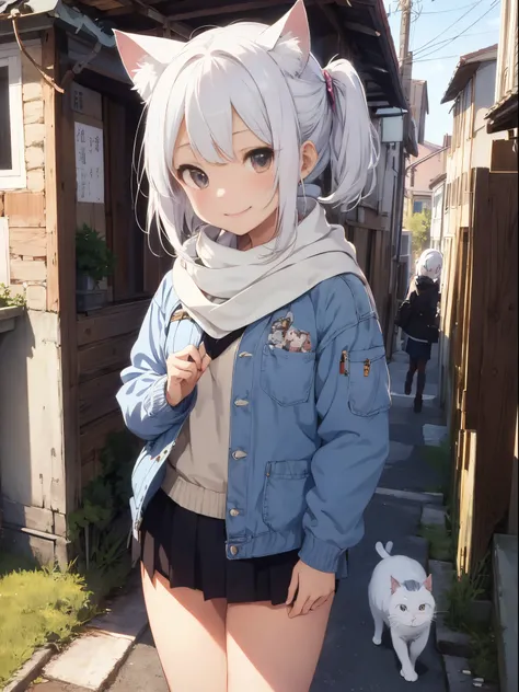 ​masterpiece、top-quality、女の子1人、white  hair、Medium hair、cat ear、a smile、Viewers Perspective、:3、kawaii、scarf、jaket、outside of house、Street、