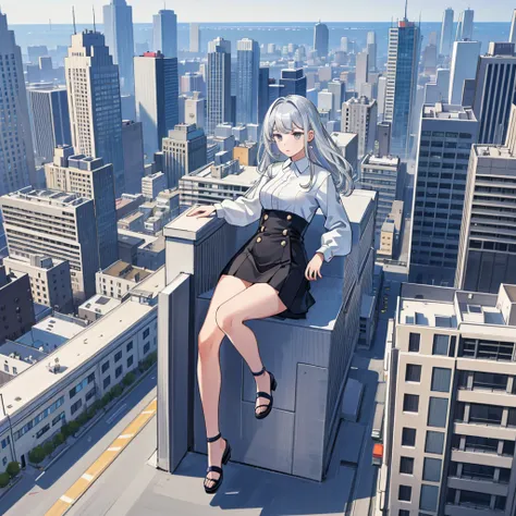 (detailed shaded pretty face), (1 girl), full body shot, skin, silver hair, giantess, gts, cityscape, rampage, cars, people