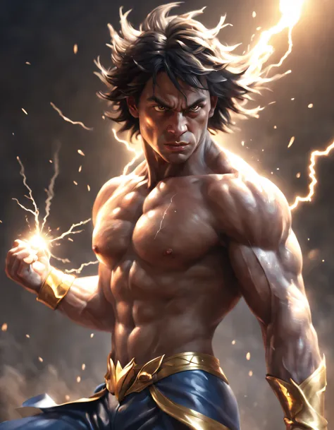 shine the sun on yourself，Contrast between darkness and light。 The resulting Stable Diffusion prompt is as follows： "close-up of a man with a lightning bolt in his hand,strong and imposing muscular male hero, inspired by Joe Jusko, humanoid Balrog, bathed ...