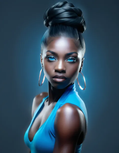 (black skin, strong and muscular build, athletic body:1.1), (intense and captivating, stunning, blue eyes), (confident and powerful pose), (striking beauty), (vivid and vibrant colors), (realistic rendering), (studio lighting), (high resolution, 4k, best q...