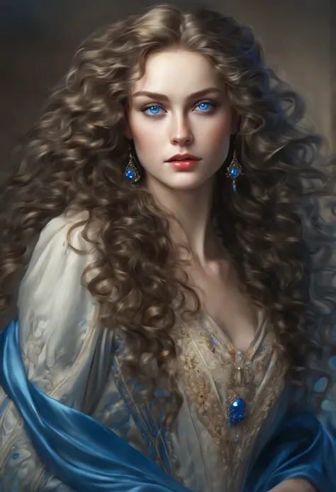 An elegant lady with beautiful long curly hair, captivating blue eyes filled with teardrops