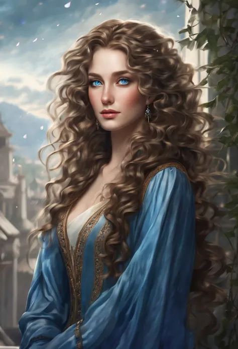 An elegant lady with beautiful long curly hair, captivating blue eyes filled with teardrops