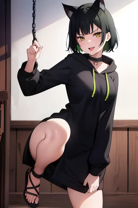 Cute girl, dark green hair, yellow eyes, short hair, cat ears, cat tail, cat collar, sexy ,beautiful eyes,Combat stance,cat,meow, full body,Draw hands better, Green hoodie, dark green hair, beautiful smile, Green hair, draw the hand well, Lifting her ass, ...