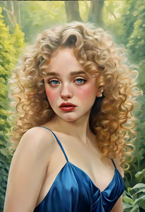 (best quality,realistic,hair:curly,beautiful,wavy,eyes:blue,lips:detailed,tears:crying,emotions:sadness),portrait,medium:oil pai...