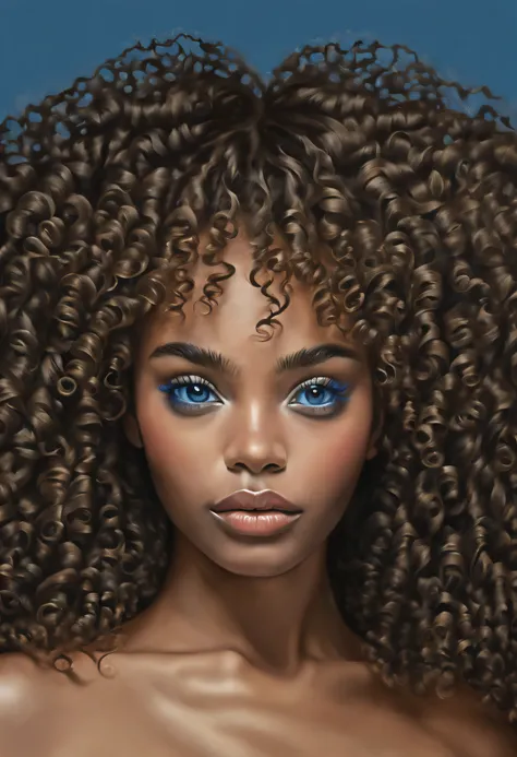 (best quality,highres:1.2),ultra-detailed,realistic,portraits,beautiful black woman with big curly hair, intense blue tearful ey...