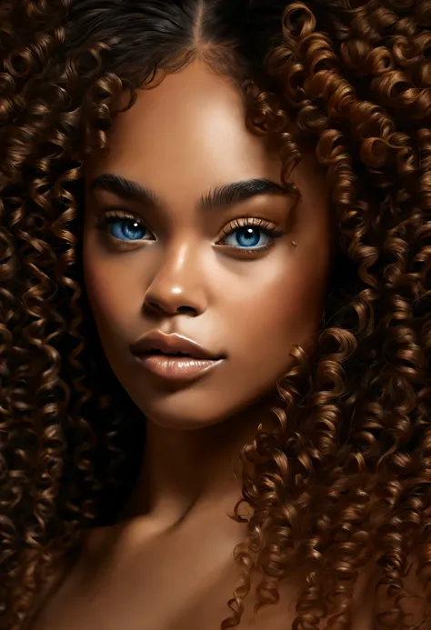 (best quality,highres:1.2),ultra-detailed,realistic,portraits,beautiful black woman with big curly hair, intense blue tearful ey...