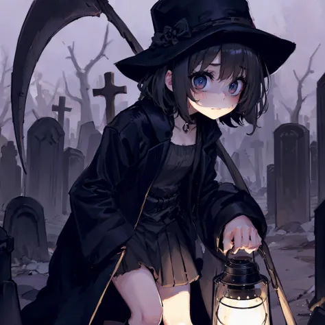 A girl in a black coat. Her eyes look bad. She has a black hat. dirty clothes. Lantern in her hand. A big sickle in her hand. mini skirt. Crouch down. Bone beast. Cemetery.