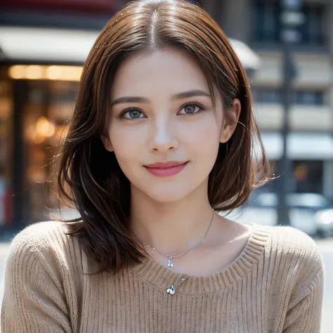 ((Downtown Paris、Realistic light、top-quality、8K、​masterpiece:1.3))、1girl in、A slight smil、Slim Beauty:1.4、dark brown  hair、Sweaters & Knitwear、Red bean-colored long skirt、Thin Silver Necklace、A detailed eye、zoomout、Beautiful Jewish woman、((facing front:1.3...