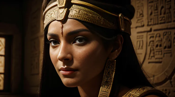 hyper realistic, closeup of an ancient Egyptian girl who caresses a wall full of Egyptian and hieroglyphic paintings, 64k resolution photorealistic Masterpiece by Ridley Scott, intricately detailed fluid painting, HD, professional photography, dark lightin...