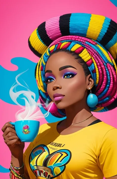 (A BEAUTIFUL ORIGINAL AFRICAN WOMAN HAPPY HAIR WITH A NICE CUP OF COFFEE COMING OUT SMOKE IN HER HAND, Beautiful cup ,Coloridas ,pink and blue and yellow WRITTEN WE COOFFE IN THE CUP ),  Eduardo Kobra ,Romero Brito,The Filling Twins ,multidimensional geome...