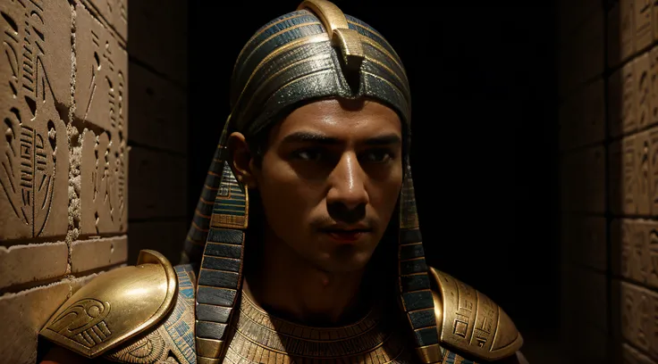 hyper realistic, closeup of an ancient Egyptian man who touch a wall full of Egyptian and hieroglyphic paintings, 64k resolution photorealistic Masterpiece by Ridley Scott, intricately detailed fluid painting, HD, professional photography, dark lighting, v...