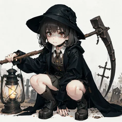 a girl in a black coat. her eyes look bad. she has a black hat. dirty clothes. lantern in her hand. a big sickle in her hand. mi...