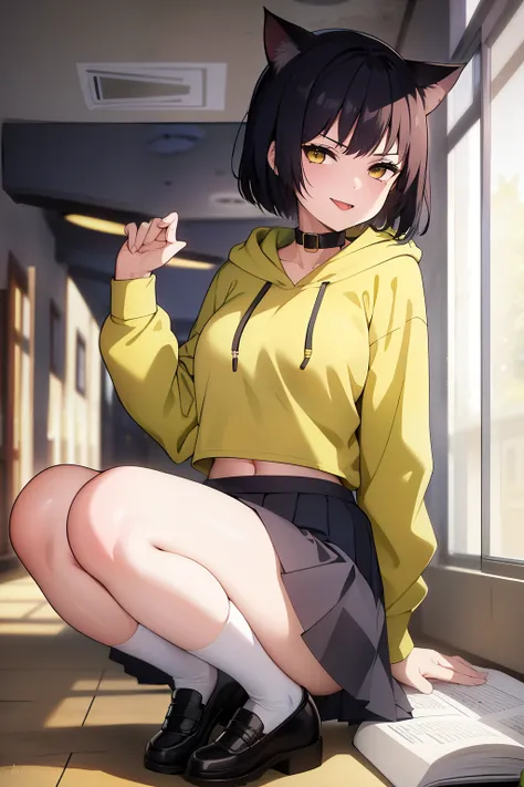 Cute girl, dark green hair, yellow eyes, short hair, cat ears, cat tail, cat collar, sexy ,beautiful eyes,Cute pause, full body,Draw hands better, Green hoodie, dark green hair, beautiful smile,, draw the hand well, Lifting her ass, Tongue outside the mout...