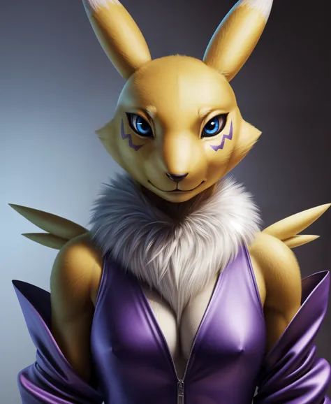 real e621, photorealistic, masterpiece, renamon_(digimon), looking at viewer, sharp blue eyes, full body portrait, purple sleeves,