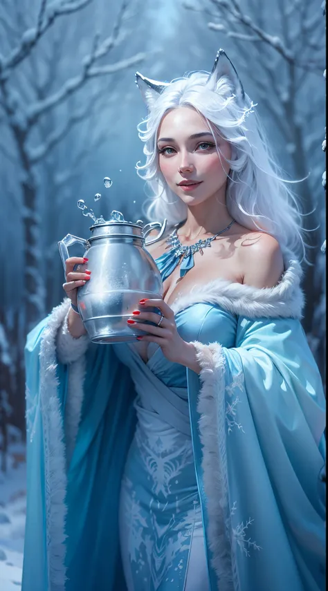 White Wolf Woman, in a blue silk flowing dress there is a fur cape on the shoulders, carries water in a jug, Snow flashes in the grove, wolf ears, ruddy face, Kind smile, Masterpiece, frost, frost crystals, hyper realisitc, ultradetail