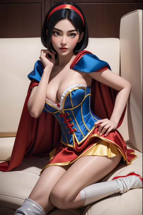 Beautiful Chinese 16 year old woman, wearing snow white cosplay, blue silk corset, red silk cape, yellow silk pleated skater skirt, , black short bob hair, red hairband, , masterpiece, photorealistic, amazing detailed face, amazingly detailed skin, boot...