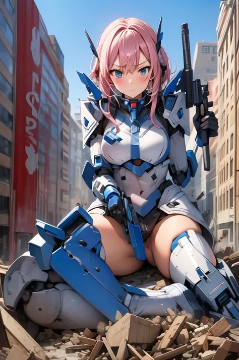 Solo,1 girl, mech, Science fiction, holding weapon, giantess, gts, building , Sitting on Building, Cityscape, (destruction:1.0), (Collapsed buildings:0.0), mechagirl girl,