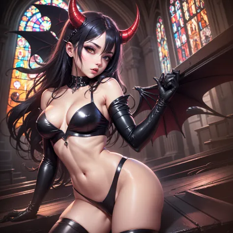 /imagine prompt:4k, poster, 1920x1080, anime style, Succubus, Little horn, little bat wings, pale skin, totally black eyes, heavy makeup, wide hip, extreme beauty, full body, red leather leotard, church background --auto --s2