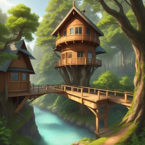 multiple treehouses connected by bridges