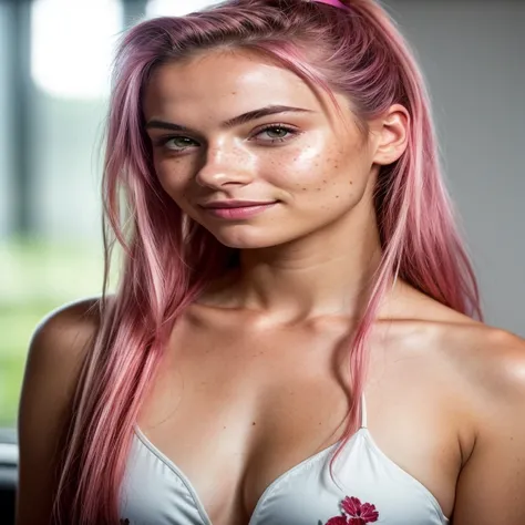 (RAW Photo) Night scene, Close-up photo of a sexy girl, Posing, Looking at viewer, smiling, Pink hair in a ponytail, Beautiful young face, 18 yo, Soft volumetric lights, soft key and fill lighting, (backlit: 1.3), (cinematic: 1.3), Intricate details, (Arts...