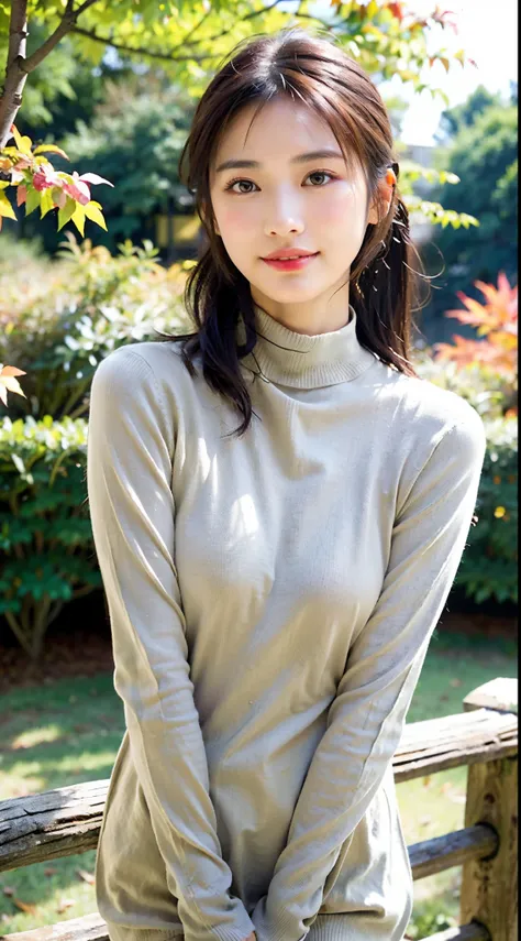 Japan pretty women、1 persons,Super clean and slender、Excellent style  、An ultra-high picture quality、extremely delicate face, Skin and hair、top ponytail hair、Trailing hair,light brown hair、((Olive turtleneck sweater dress)),long boots、Hide your chest with ...