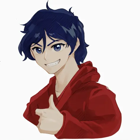 garoto de anime com cabelo azul fazendo sinal de positivo, 2 d estilo anime, Hiro, jovem homem de anime, personagem estilo anime, inspirado em Unichi Hiratsuka, inspirado em Okumura Masanobu, em estilo anime, inspirado em Ryuzaburo Umehara, Kentaro Miura e...