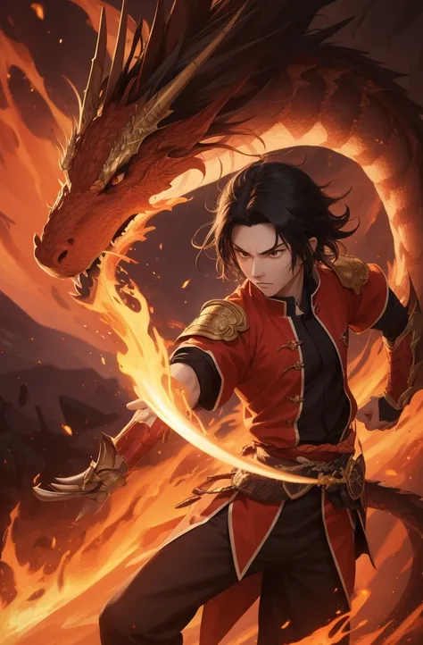 Produce a high-resolution digital image that depicts the Demon Slayer character Tanjiro wielding his sword, where the fire that surrounds her takes the form of a dragon. Tanjiro deve ser representado em detalhes realistas, displaying your determined postur...