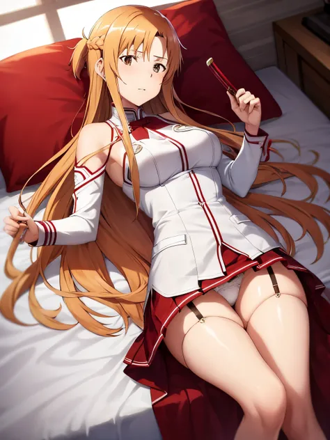 Asuna Yuki(Sword Art Online), dynamic angle, Long bronze hair,braid,Brown eyes,Detailed eyes,Large chest line,Roll Forward,armature,chest flap,luxury long sleeve white luxury shirt,Detached sleeves,red and white luxurious skirt,pleatedskirt,Lifelike,Her th...