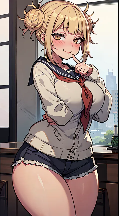 master piece, himiko toga, best quality, 1 girl, curvy body , smile, ((shorts)), ((blush)),