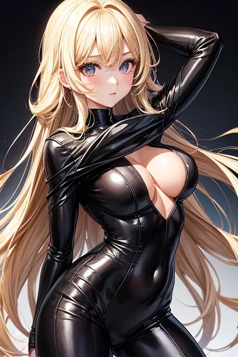 1girl, peek-a-bang-hairstyle, long hair, blonde hair, hair covering eye, sexy body, large breasts, wearing black bodysuit, tight bodysuit, adult, white background