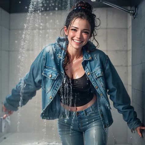 woman showering in jeans and denim jacket, soaked, wet clothes, dripping wet, smiling, looking at viewer