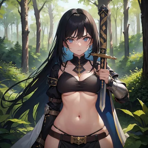 ((1 woman in medieval armor)),((bare breasts)),((in a forest)),((serious face)),((with lots of bubian hair)),((very long messy black hair, eyes blue)),((facing the viewer, holding a sword)),