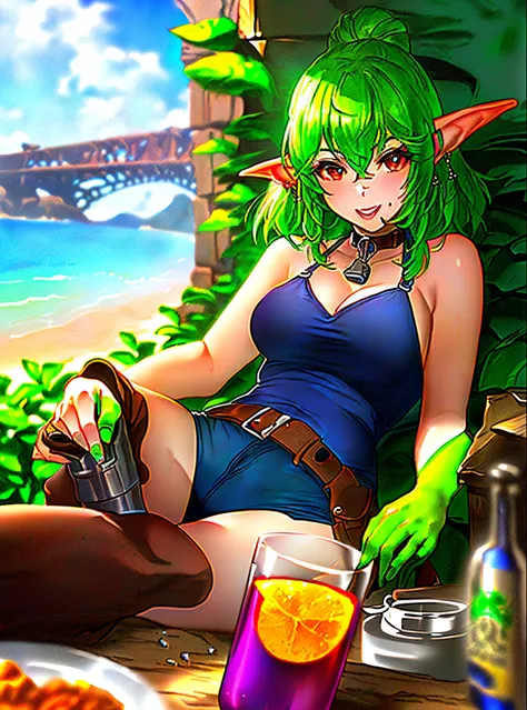 Blue-green female goblin with drinking flask