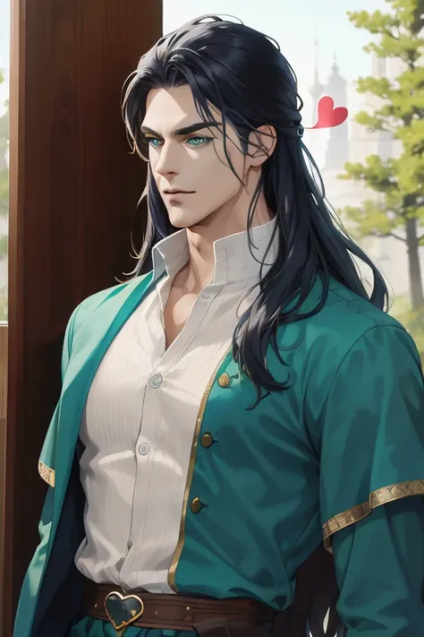 (absurdres, highres, ultra detailed), (1 male, solo, adult, mature, aged up, tall muscular guy, skinny shoulders, handsome), long wavy blue hair, green eyes, (heart shaped jaw, thin neck, smal eyebrows), BREAK, forest, fantasy, Royal Uniform, extremely det...