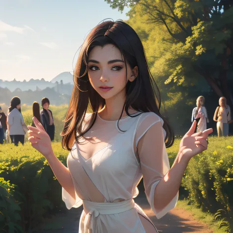 (Extremely detailed 8k wallpaper:2), (photo:2), (43 years old soigne Beautiful girl:2), (gives a lecture to friends:2), detailed (Face and eyes), (hyper realistic:1), (highly detailed:1), (epic realistic:1), rim light, (maximum details:1), cozy, (fullbody:...