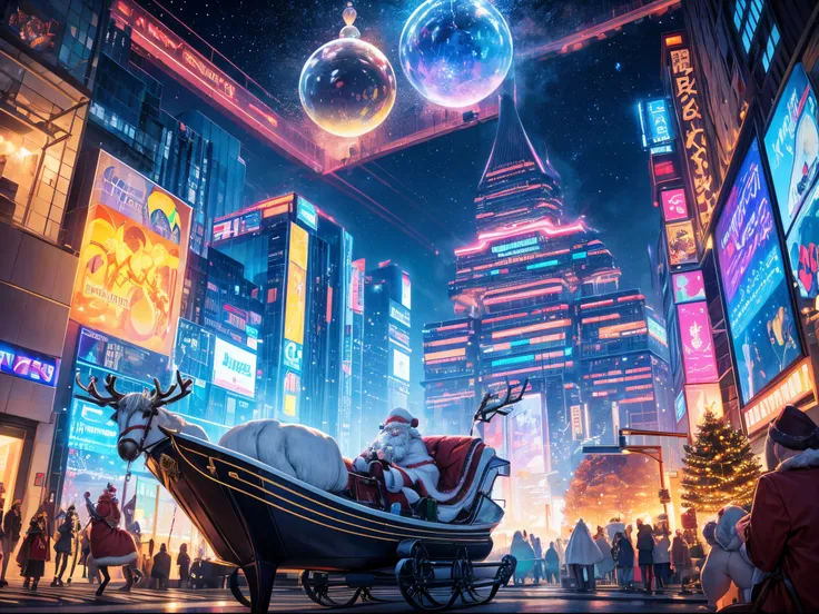 Imagine Santa Claus and his reindeer sleigh in a futuristic cityscape. The iridescent plasma fractals illuminate the towering skyscrapers and flying vehicles. The bubbles take the form of high-tech energy spheres, and the scene is bathed in a neon glow.