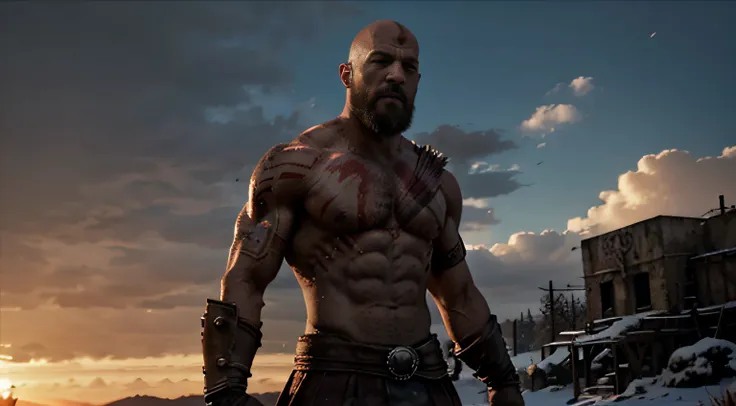 spartan like Kratos after won a battle against the natures wrath, facing the sunrise