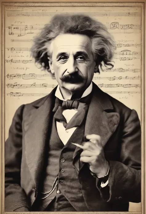 A video of Einstein playing the violin with a mischievous glint in his eye, while a chalkboard in the background is filled with complex equations and diagrams.,original,Einstein’s appearance was iconic, with his wild, unkempt hair, bushy mustache, and pier...