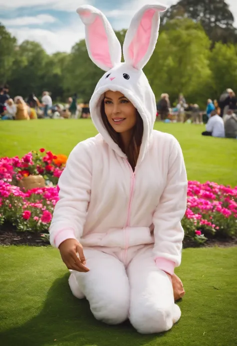 A picture of a person in a rabbit onesie, hosting a rabbit trivia quiz in the park,original,I love rabbit.