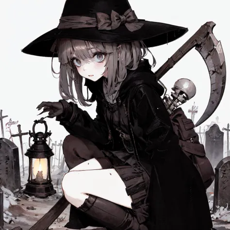 a girl in a black coat. her eyes look bad. she has a black hat. dirty clothes. lantern in her hand. a big sickle in her hand. mi...